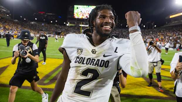 Oct 7, 2023; Tempe, Arizona, USA; Colorado Buffaloes quarterback Shedeur Sanders (2) celebrates after defeating the Arizona State Sun Devils at Mountain America Stadium, Home of the ASU Sun Devils. Mandatory Credit: Mark J. Rebilas-USA TODAY Sports